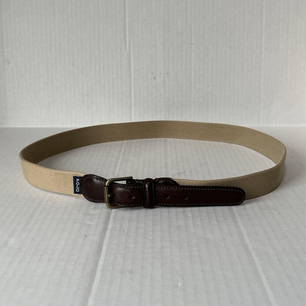Polo Ralph Lauren Tan Webbing Stretch Belt Brown Leather Trim Casual Preppy 42
